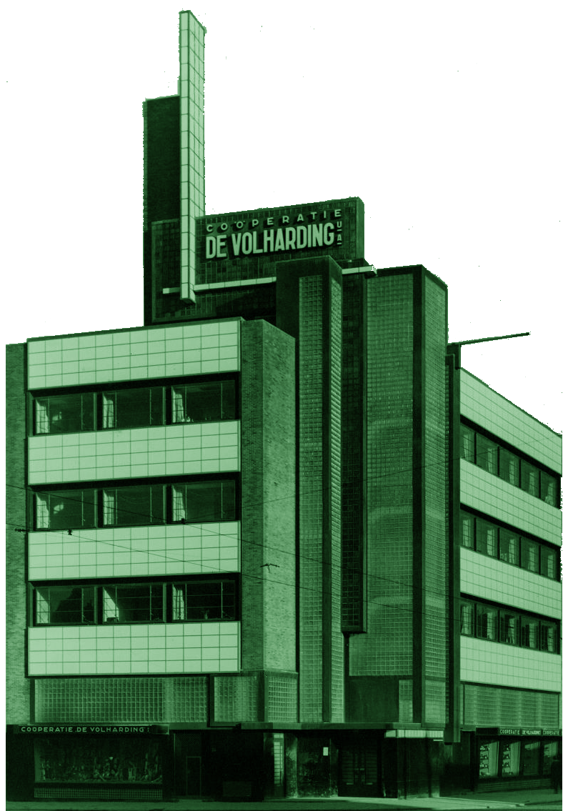 De Volharding Building, tinted in green